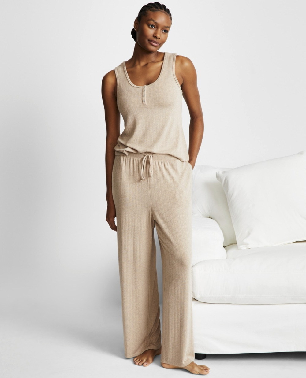 State of Day Women Pointelle Tank Pajama Set Peanut Heather Size XL